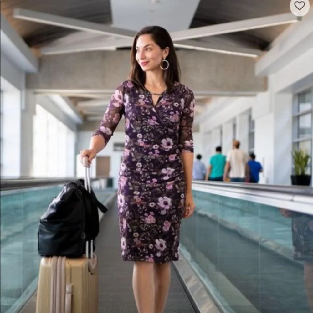 BetaBrand Floral Wander Lite Travel Dress Brown Pink Knee Length
